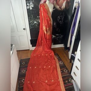 Red & gold brocade Silk Saree/Sari fabric 46” wide x 6 yards long vintage